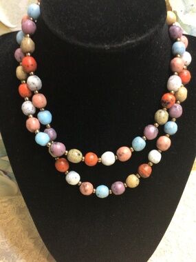 Vintage Multi-Colored Composite Stone Bead Necklace with Gold-Tone Spacer Beads